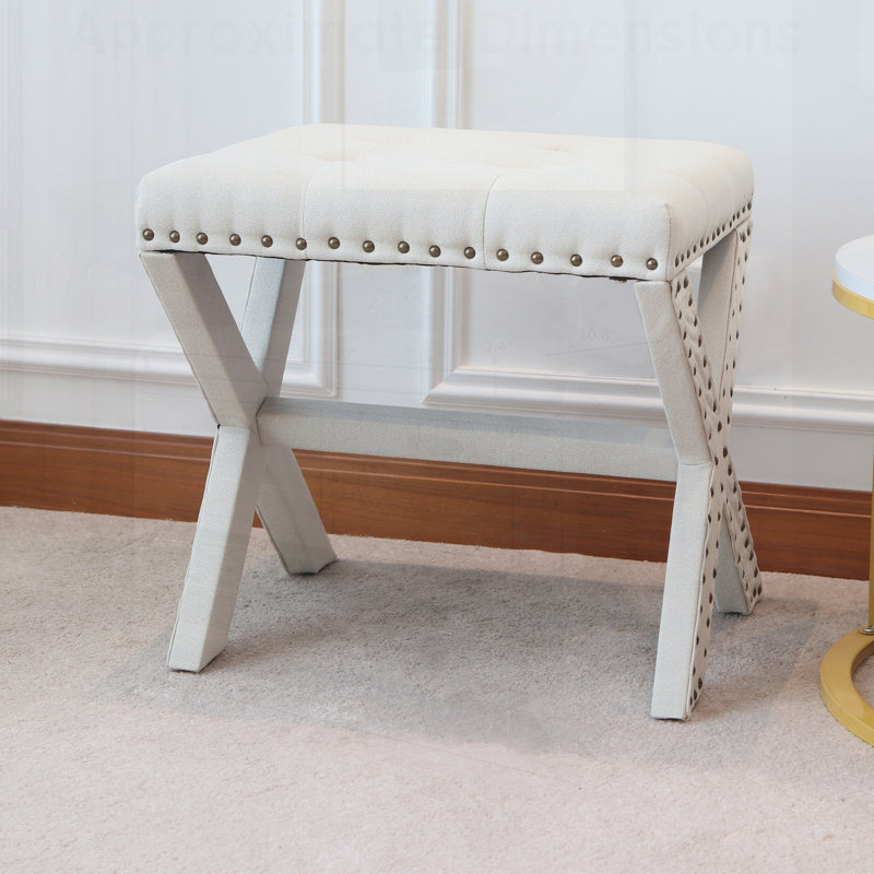 Tabouret d'appoint, chaise rembourrée en lin capitonnée avec siège en bois à base en X et garniture cloutée élégante pour les intérieurs modernes