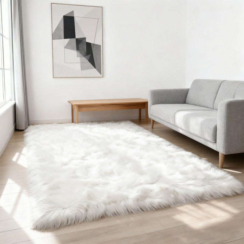 Plush Faux Sheepskin White Rug, Rectangle 4' x 6'