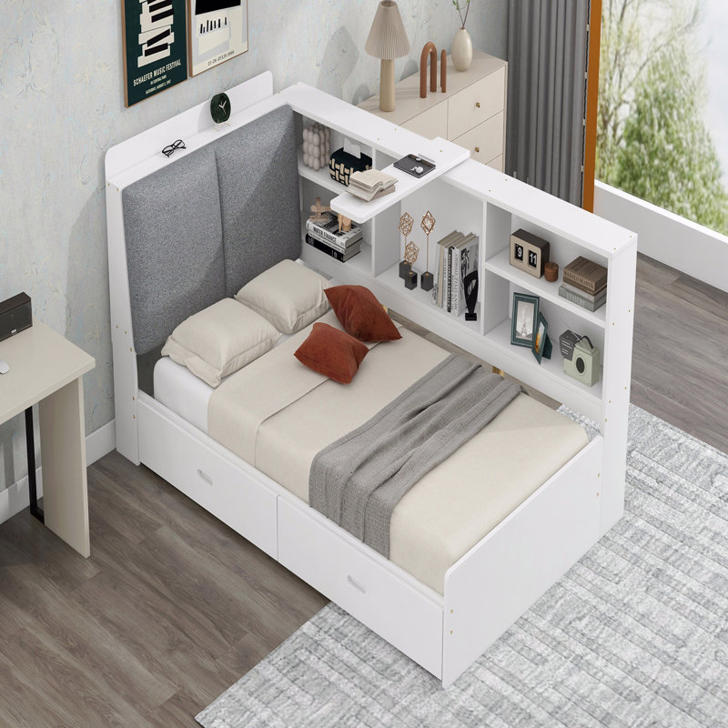 Lit plateforme simple en bois avec tête de lit, tablettes et 2 tiroirs, Blanc