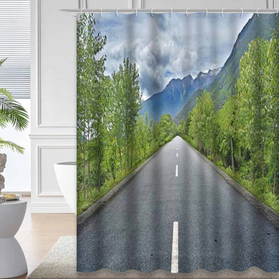 Road Forest America Autumn Green Shower Curtain with 12 Hooks