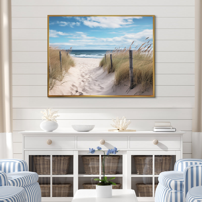 Tranquility Path To Dune Beach VI - art de toile de plage côtière, H 12 po x l 20 po x P 1 po, Cadre flottant doré