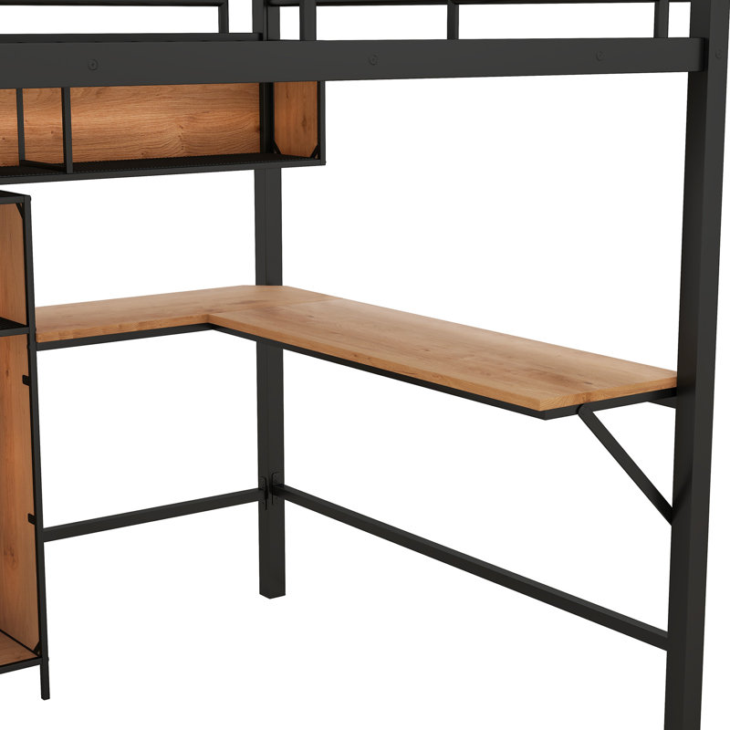 Lit mezzanine double avec métal et bois - noir et brun, structure durable, tablettes de bureau en L, espace sous le lit, gardé, aucun sommier nécessaire