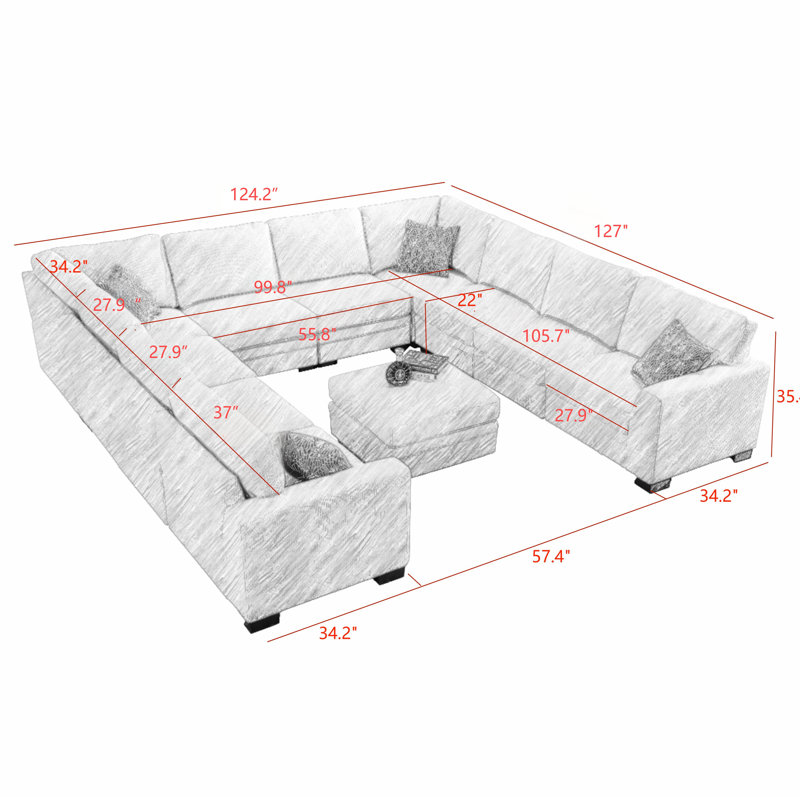 Corduroy U-Shaped Sectional Symmetrical, Green Corduroy