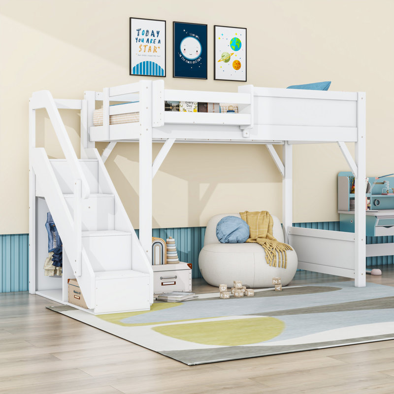 Wooden Space-Saving Loft Bed with Stairs, Twin, White