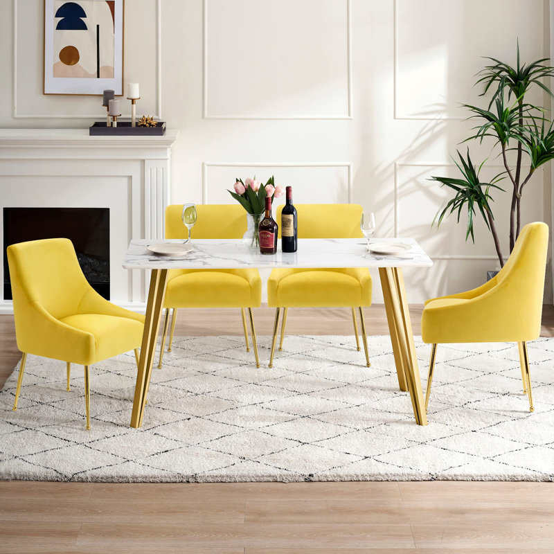Modern Dining Chair, Velvet Upholstered Dining Chair with Gold Legs, Yellow
