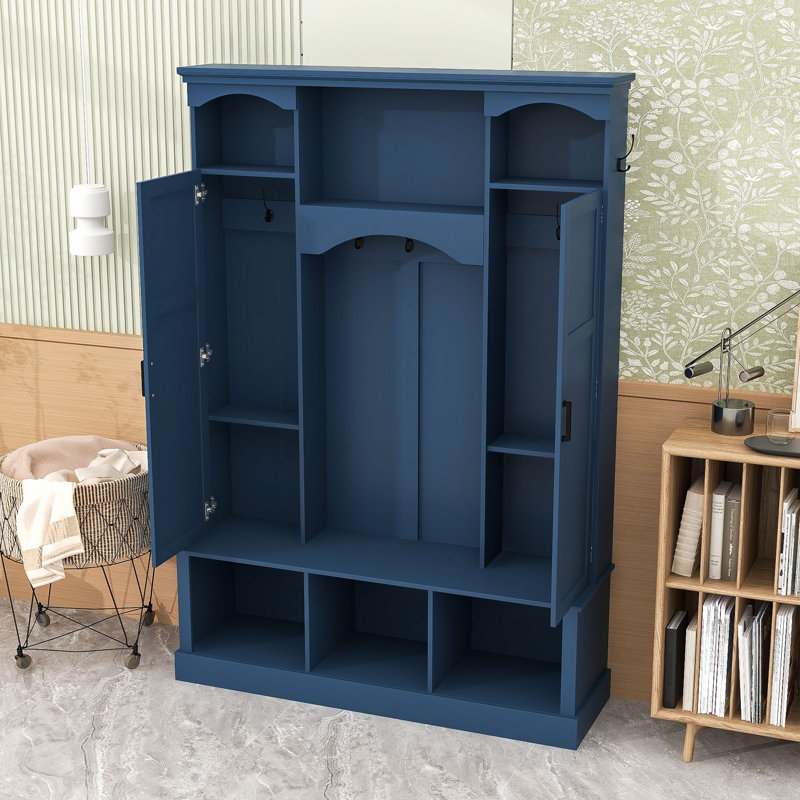 Hall Tree with Adjustable Shelves, Storage Bench and 7 Hooks, Blue