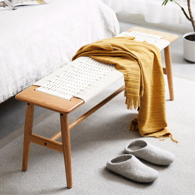 Banc de salle à manger 100% bois massif - blanc, fabriqué à partir de chêne naturel avec un siège en canne blanc et confortable pour la chambre à coucher, la salle de bain