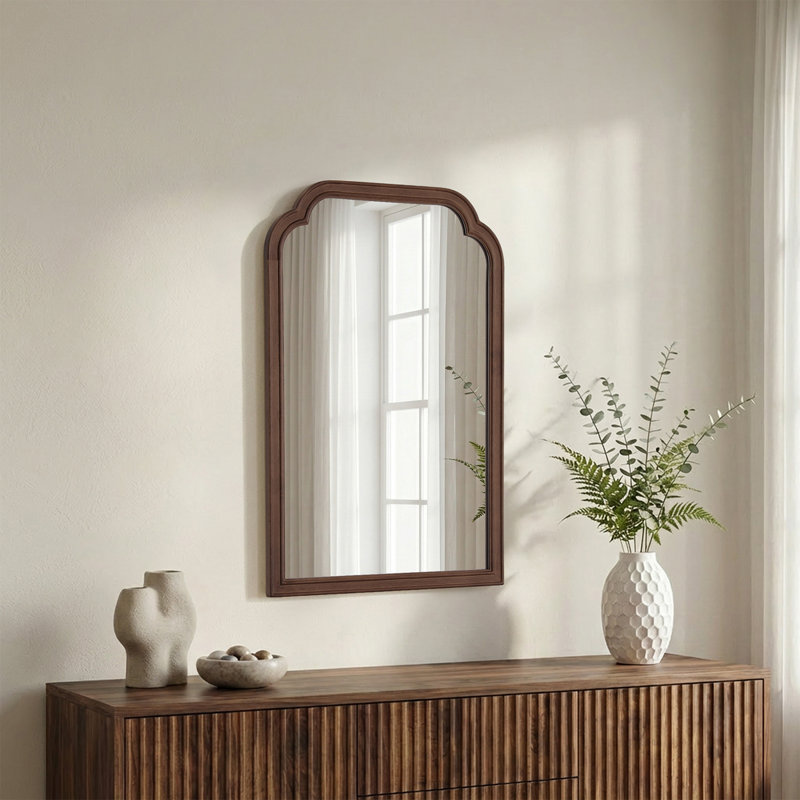 Ancalin Solid Wood Arched Wall Mirror, 30" x 20", Walnut