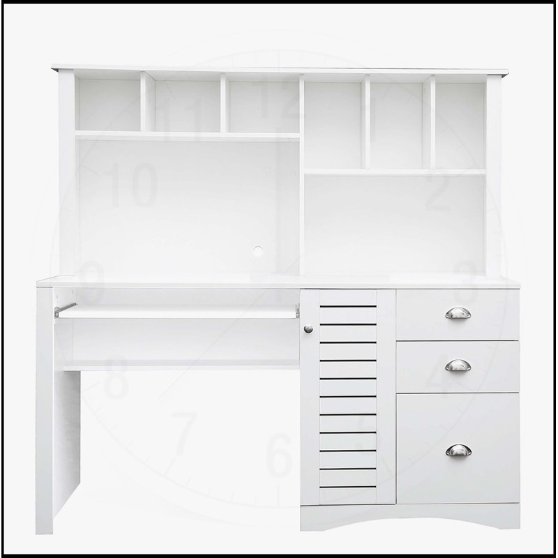 Bureau d'ordinateur blanc antique avec huche, rangement spacieux et gestion des câbles pour les espaces de travail organisés