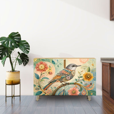 Sideboard Buffet Cabinet with Storage Decorative Songbird Branch Floral Vintage Botanical Mosaic Patchwork with 2 Doors for Living Room and Kitchen