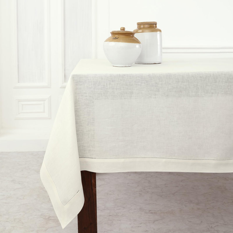 100% Pure Linen Hemstitch Table Cloth - Classic Hemstitch, Ivory, 156" x 60"