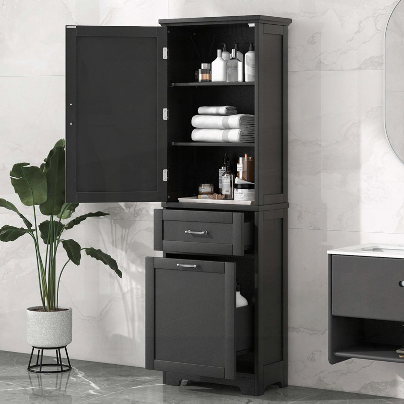 Tall Freestanding Storage Cabinet with Two Drawers and Adjustable Shelf, Black