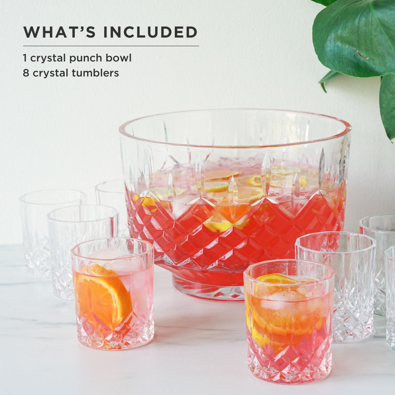 Admiral Clear Lead-Free Crystal Punch Bowl Set with 8 Tumblers