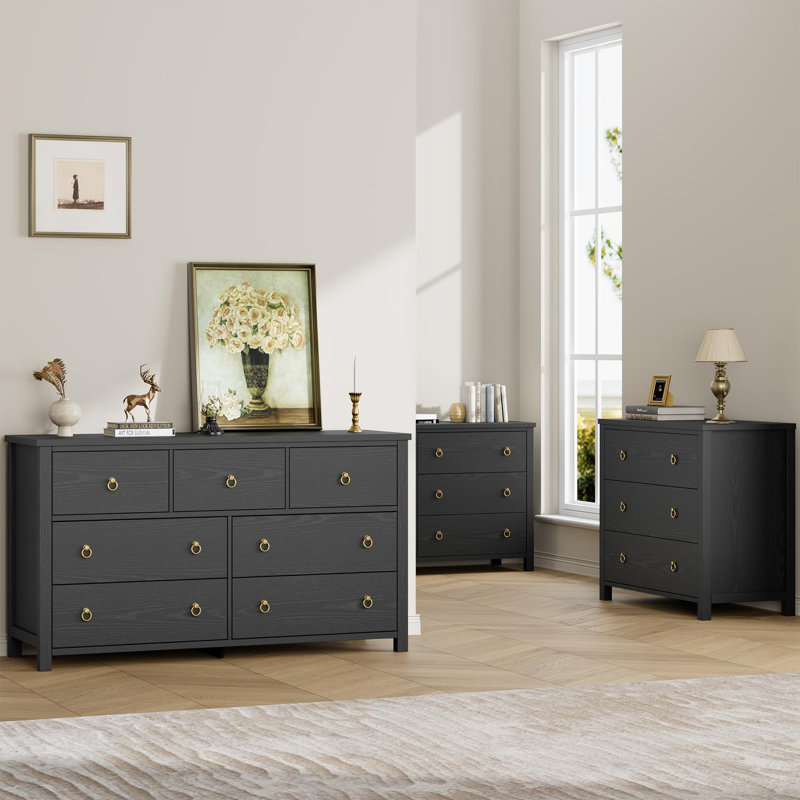 Commode moderne à 7 tiroirs en bois noir | Meuble de rangement pour chambre, chambre d'enfant et entrée