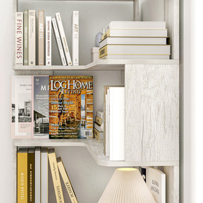 Bibliothèque de coin autoportante en L de 90 cm (35,43 po) à 5 niveaux pour salon, chambre à coucher, bureau à domicile, bibliothèque en bois avec panneau anti-chute et dispositif anti-basculement, tablette ouverte