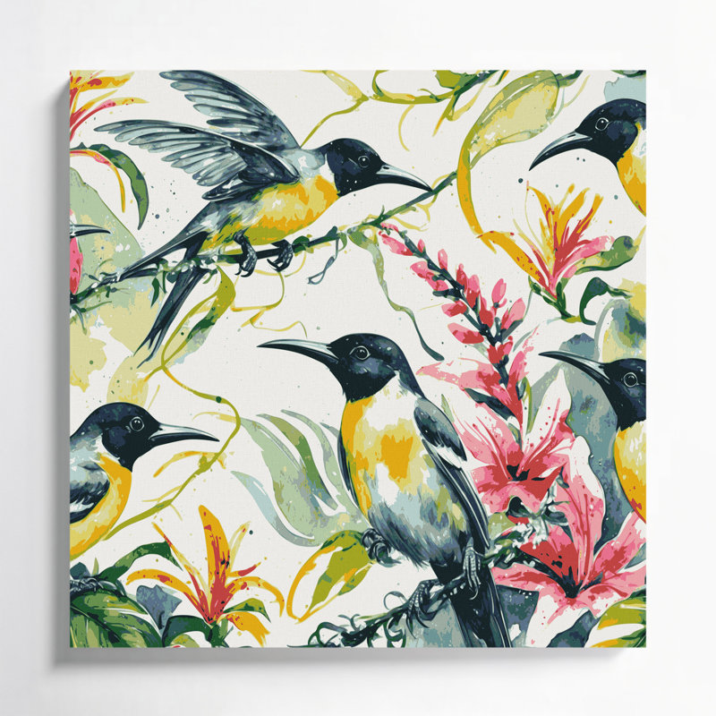 Oiseaux, art mural sur toile beige, H 12 po x l 12 po