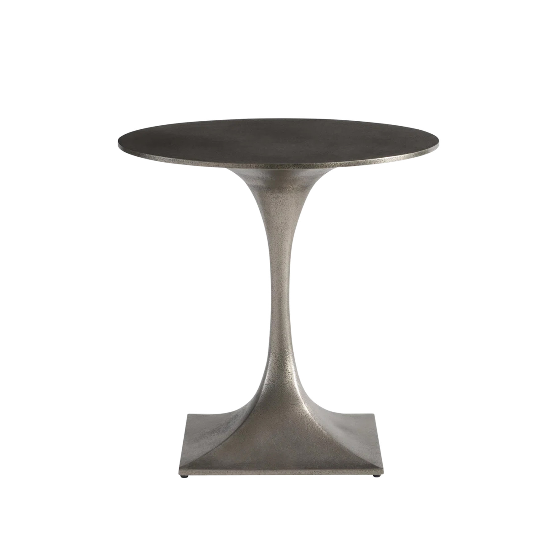 Modern round metal pedestal accent table with a dark, textured finish and flared base.