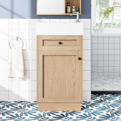 Meuble-lavabo de 18,5 po de style rustique avec lavabo en résine réversible, structure d'armoire, tablette de rangement réglable pour une utilisation efficace, poignées en métal, finition grain de bois, meuble-lavabo à fermeture en douceur, rustique