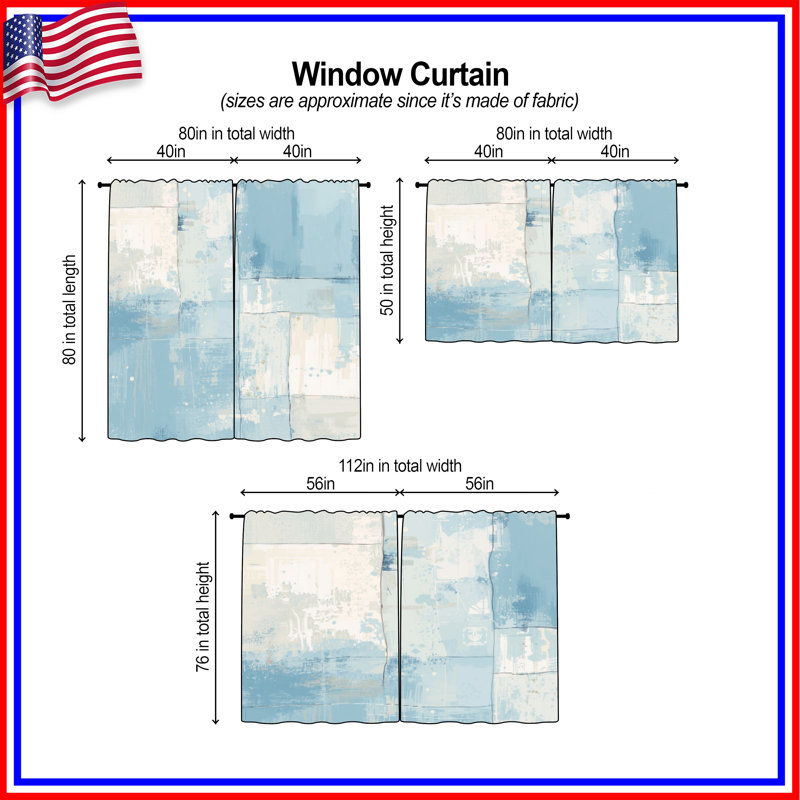 Rideaux bleus abstraits en patchwork bleu transparent et obscurcissant - 2 panneaux, 20 po x 50 po - 2 panneaux