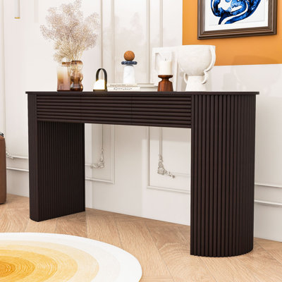 Elegant Modern Console Table with Round Slat Design, Drawers and Storage Shelf