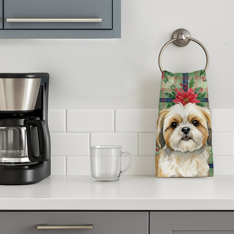 Gold and White Shih Tzu Christmas PoinsettIas Kitchen Towel, Gold/White Shih Tzu