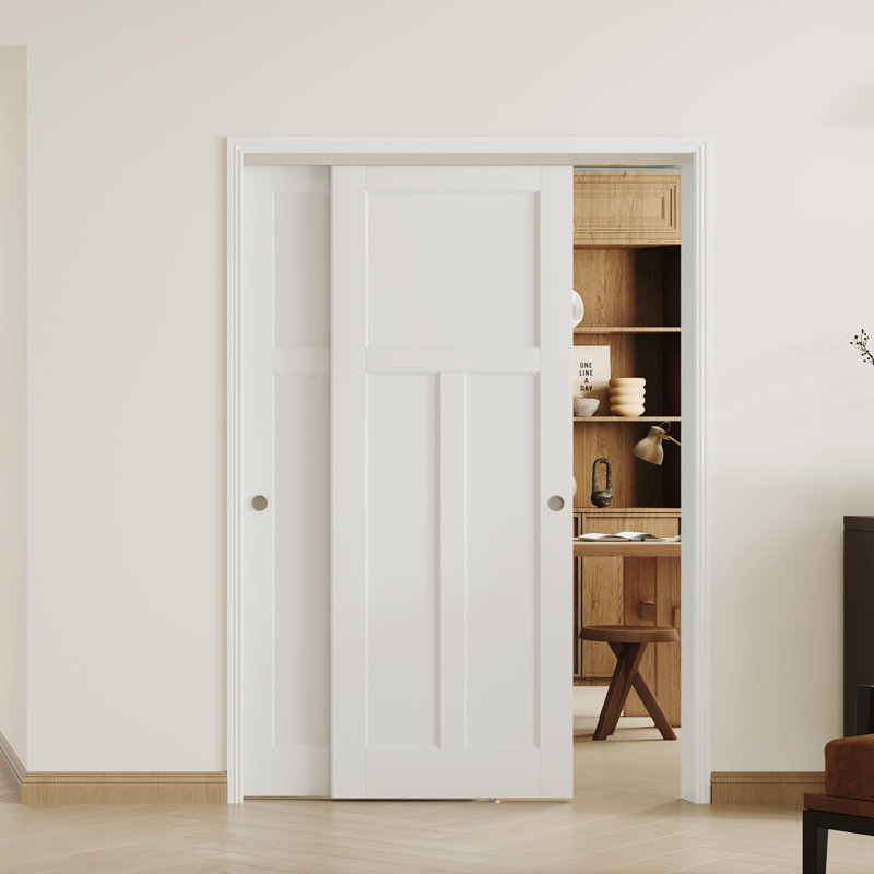 Portes coulissantes doubles Bypass - Portes en bois aggloméré style T Shaker blanc et bois massif avec quincaillerie en aluminium silencieuse