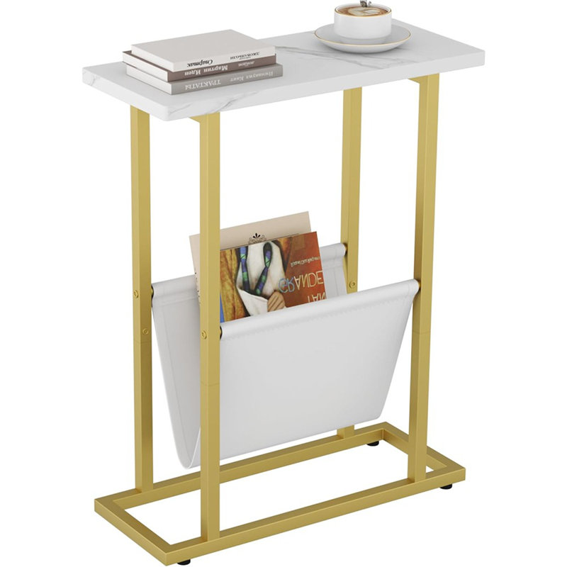 Narrow Side Table For Small Spaces, Small End Table With Magazine Holder, Skinny Slim Little Thin Table For Living Room, Bedroom, Sofa, White And Gold