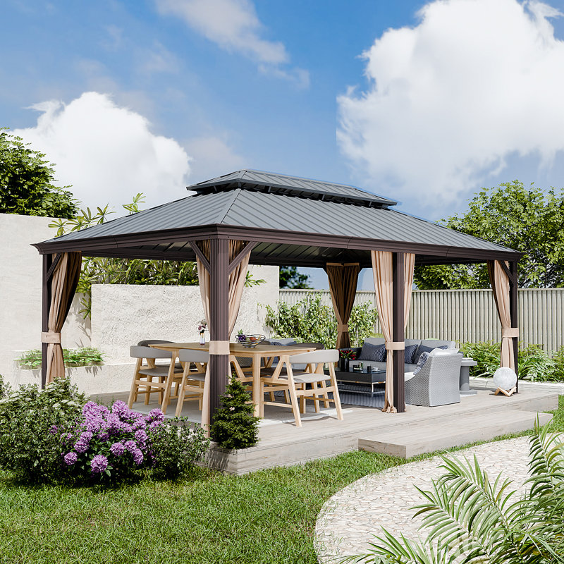 Aluminum Patio Gazebo, Black Wood, Brown, 18ft W x 12ft D