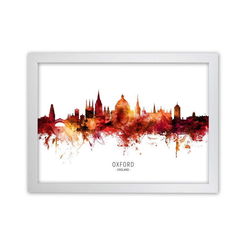 Oxford England Skyline Red City Name by Michael Tompsett - Print, 46cm H x 63cm W x 3cm D, White Framed