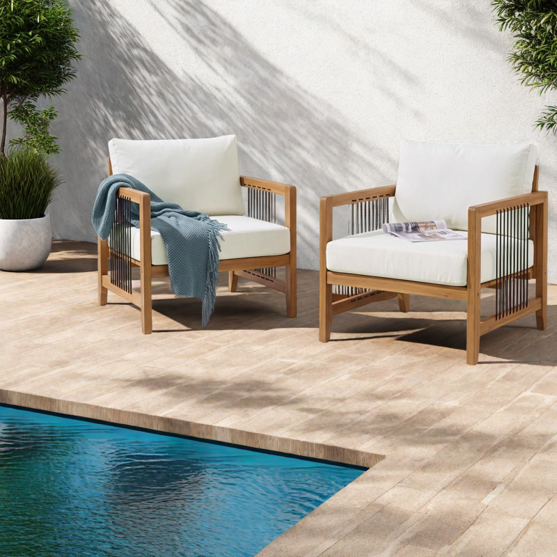 Ensemble de 2 chaises longues modernes pour patio, en bois d'acacia avec accents de corde, pour terrasse extérieure.