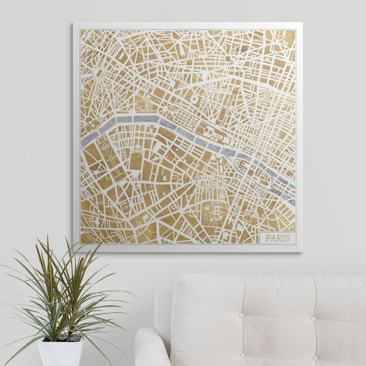 «Gilded Paris Map» par Laura Marshall, impression d'art graphique Kerlynn, H 35 po x l 35 po x P 1,5 po, Toile