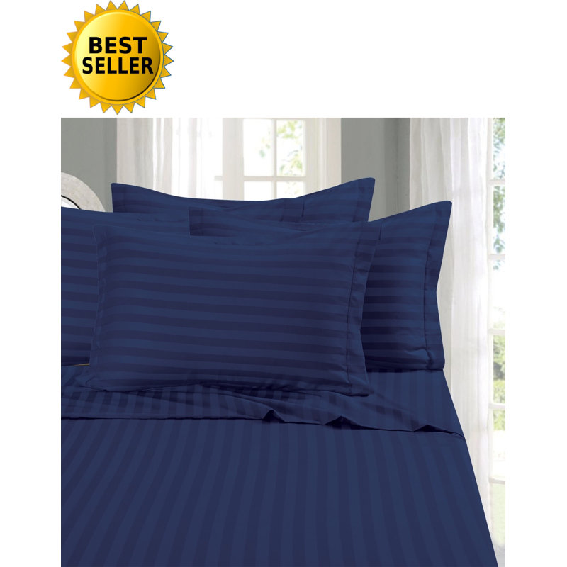 Ensemble de literie à rayures damassées 6 pièces Elegant Comfort, microfibre 1500 fils, infroissable, Full, Bleu marine