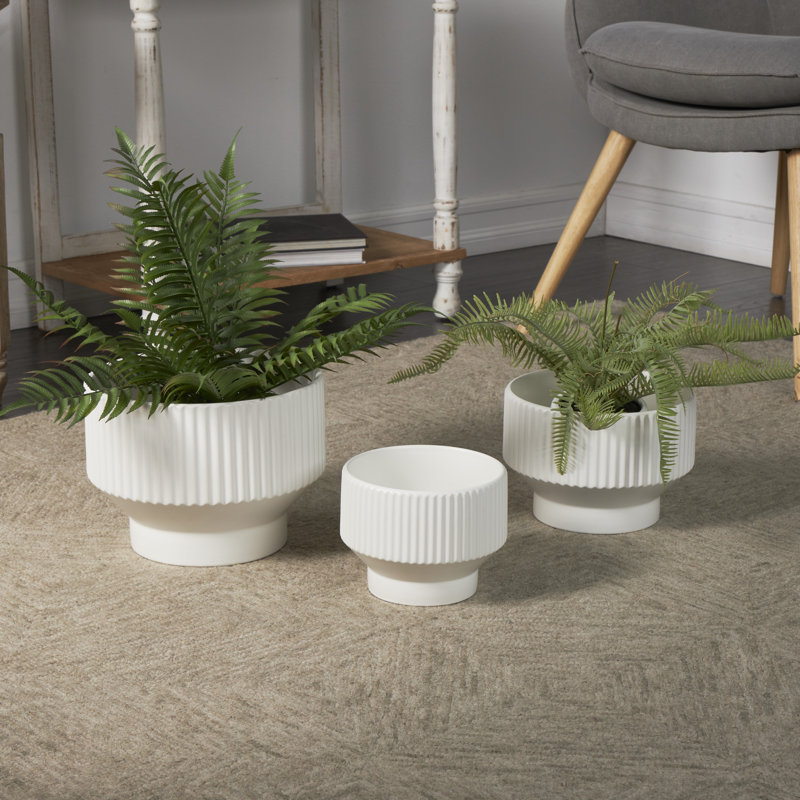 White Ribbed Ceramic 3-Piece Round Planter Set