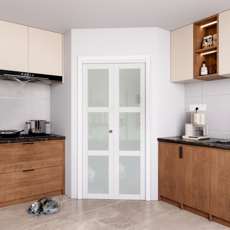 36 in. x 80 in. White Primed MDF Bi-Fold Door with Frosted Glass Panels