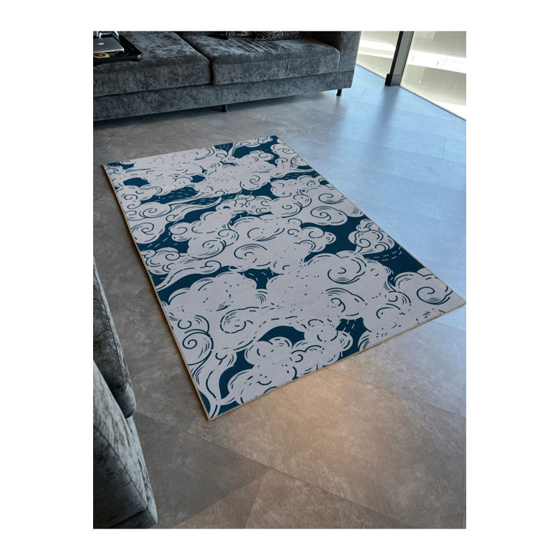 Tapis bleu lavable à motif décoratif bleu, Rectangle 3 pi 3 po x 4 pi 11 po