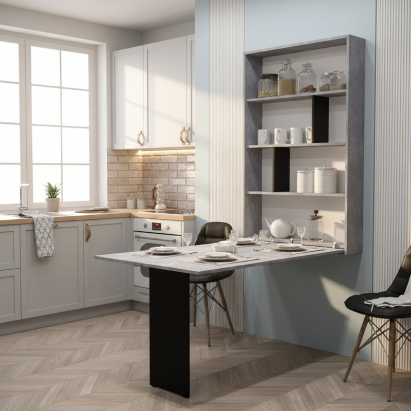 Abi Wall Mounted Drop Leaf Table With Storage In Concrete And Black Ideal For Small Spaces