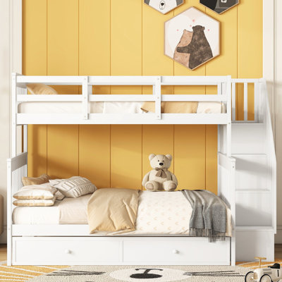 Solid Wood Twinfull Bunk Bed With Twin Size Trundle And Guard Rail, White Finish For Bedroom Luxury Comfort Storage - Dorm