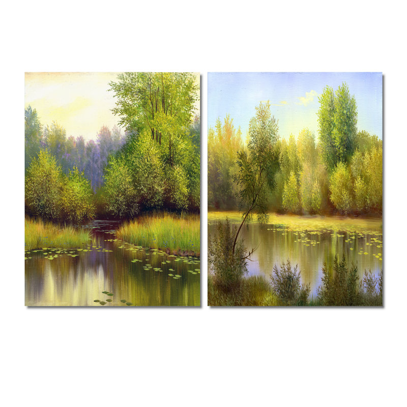 Beautiful Summer River Green Landscape I - Ensemble d'art campagnard de 2 pièces, H 40 po x l 60 po x P 1,5 po