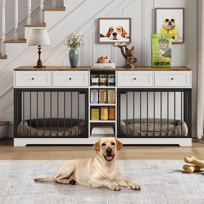 Double Dog Crate Furniture for 2 Large or Medium Dogs – Heavy Duty Wooden Indoor Kennel, TV Stand with 4 Drawers & Shelves – Extra Wide Pet Bed & Sofa – 82 Inch – Classic + White