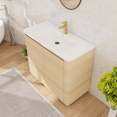 Ensemble de vanité de salle de bain de 40 po, meuble-lavabo simple autoportant avec lavabo en céramique, meuble sur pied à 2 portes et 1 étagère