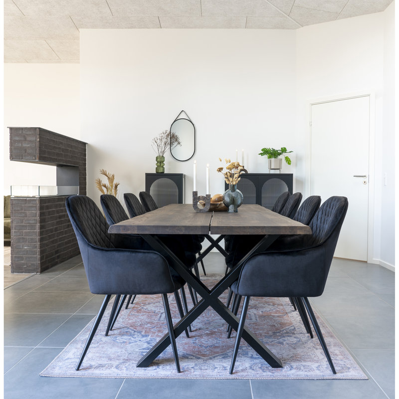 Elsass Oak Solid Wood Top Metal Base Dining Table, Dark Brown