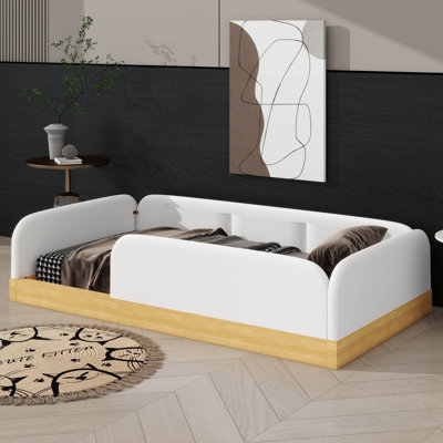 Lit simple de petite taille, lit plateforme recouvert de velours avec poches latérales et barrières de sécurité pleine longueur