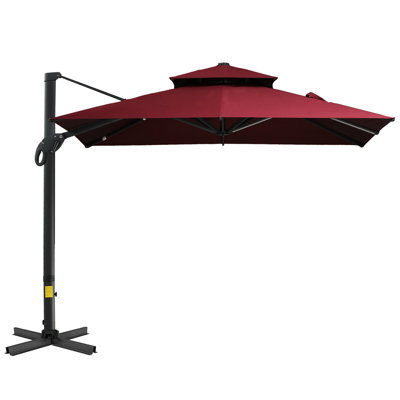 Parasol de patio décalé rouge de 10 pi - porte-à-faux suspendu, rotation à 360 degrés, inclinable, carré, base en aluminium pour rotation, fête du pain