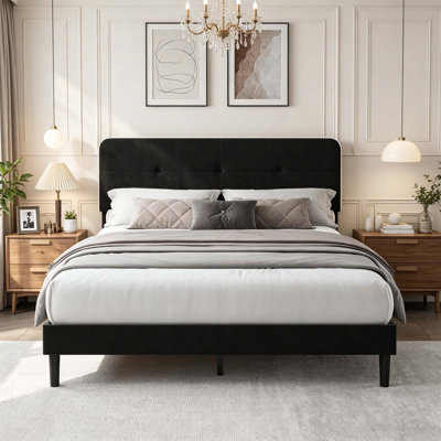 Velvet Upholstered Platform Bed Frames with Adjustable Headboard, No Box Spring Needed for Bedroom