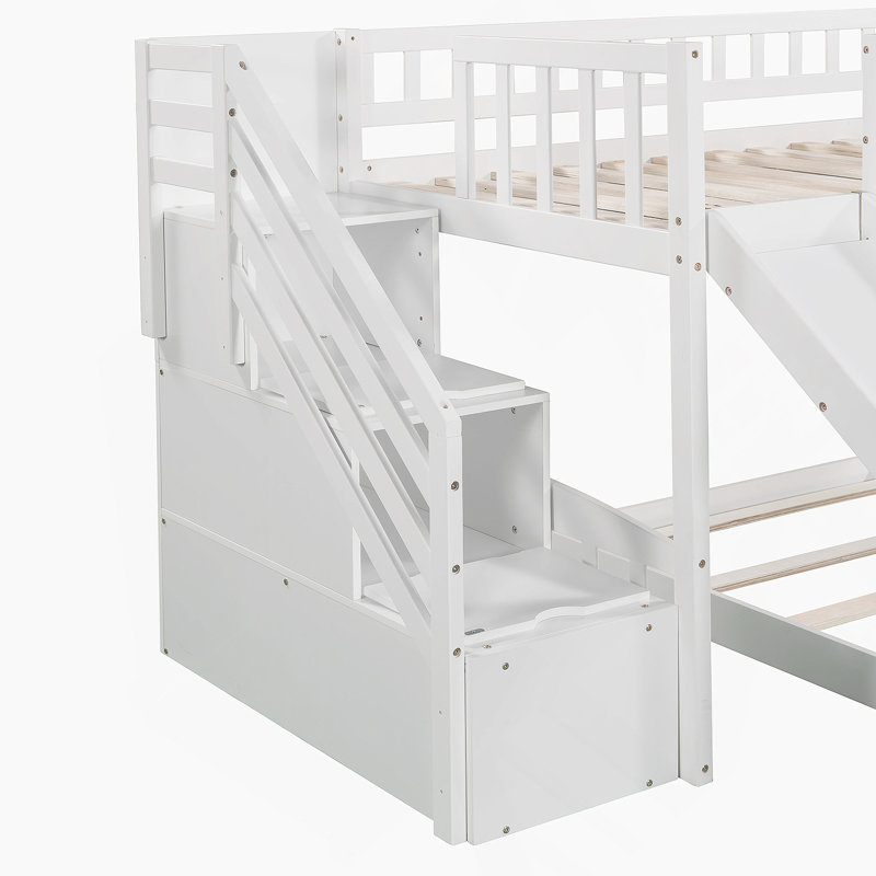 Lit superposé au dessus d'un escalier avec 2 tiroirs et glissière Keesean, Blanc