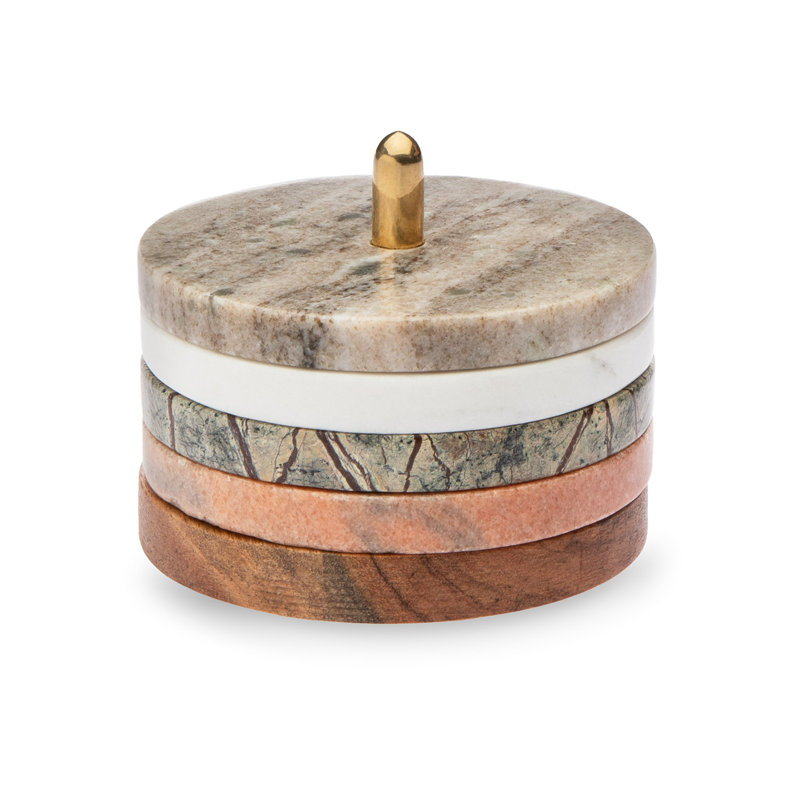 Assorted Marble and Acacia Wood Coaster Set with Brass Holder