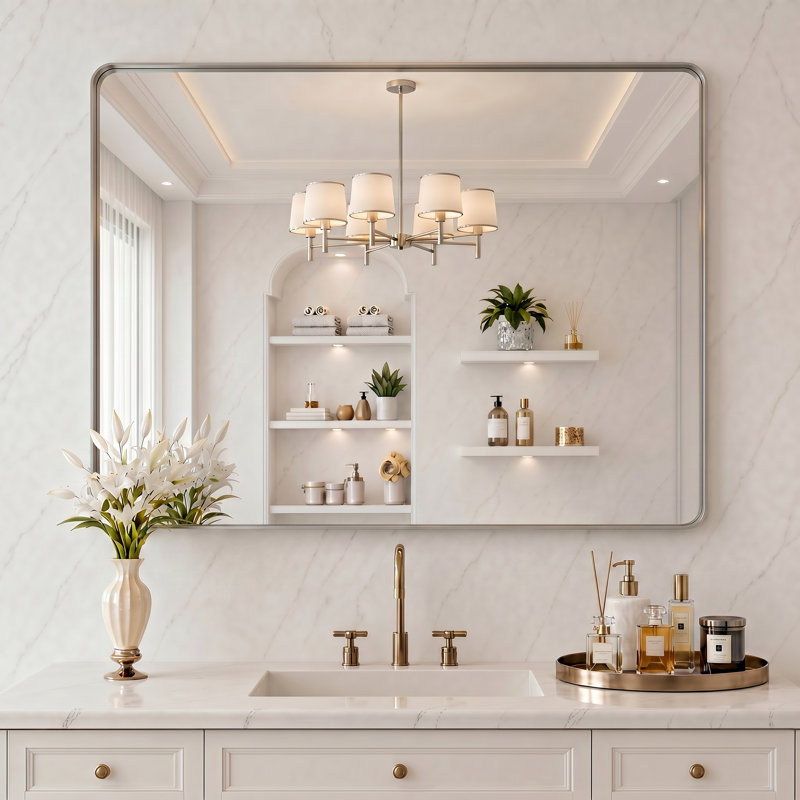 Miroir de salle de bain rectangulaire arrondi de 1,18 po avec cadre en alliage d'aluminium et verre trempé de qualité supérieure Lunara