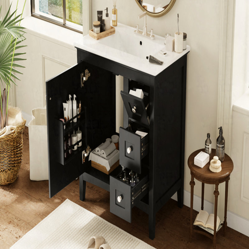 Meuble-lavabo 30 po avec lavabo en céramique et 3 tiroirs, armoire de rangement moderne en bois massif, idéale pour la maison