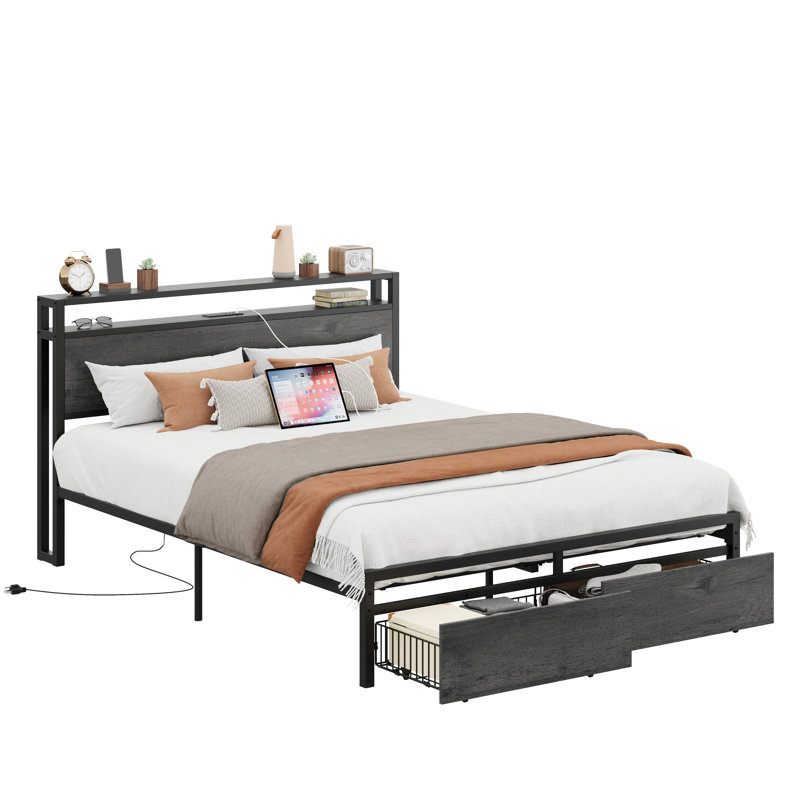 Structure de lit avec tête de lit et rangement, gris anthracite, Gris, Grand lit