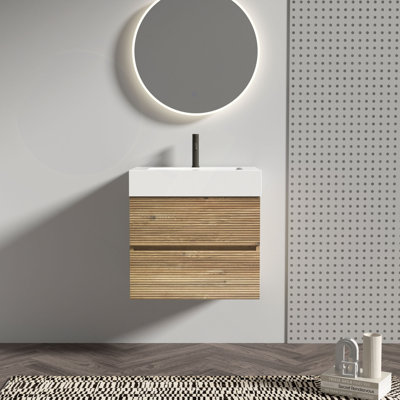 Meuble-lavabo 24 po avec lavabo en quartz d'ingénierie brillant et tiroirs souples, meuble-lavabo mural flottant pour salle de bain moderne, sans drain ni robinet